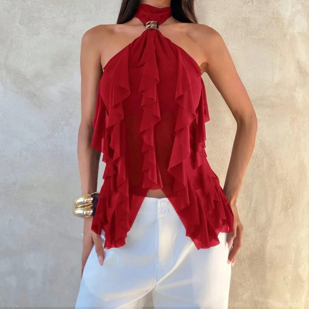 Red Casual Women's Elegant Multi-Layer Ruffle Trim Stand Collar Fitted Tank Top - Picture 3 of 8